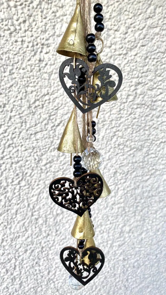 Dark heart” chimes. Filigree heart wind chime with mystical charm and elegant gold accents”. Cowbell. Witch bell. Decoration. Boho (photo 3)