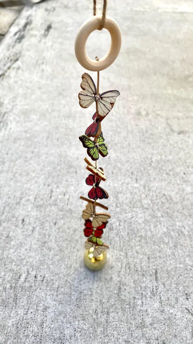 Handmade wooden butterfly wind chime with bell for home, garden, balcony or indoor use. Decoration, birthday, gift, housewarming party. Boho (photo 3)