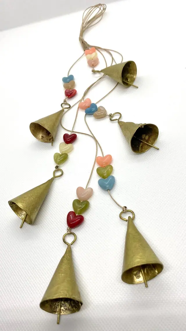 Delicate wind chimes with vintage bells and heart-shaped beads for home and garden. Decoration. Gift. Witch bell. Brass bell. Boho. (photo 4)