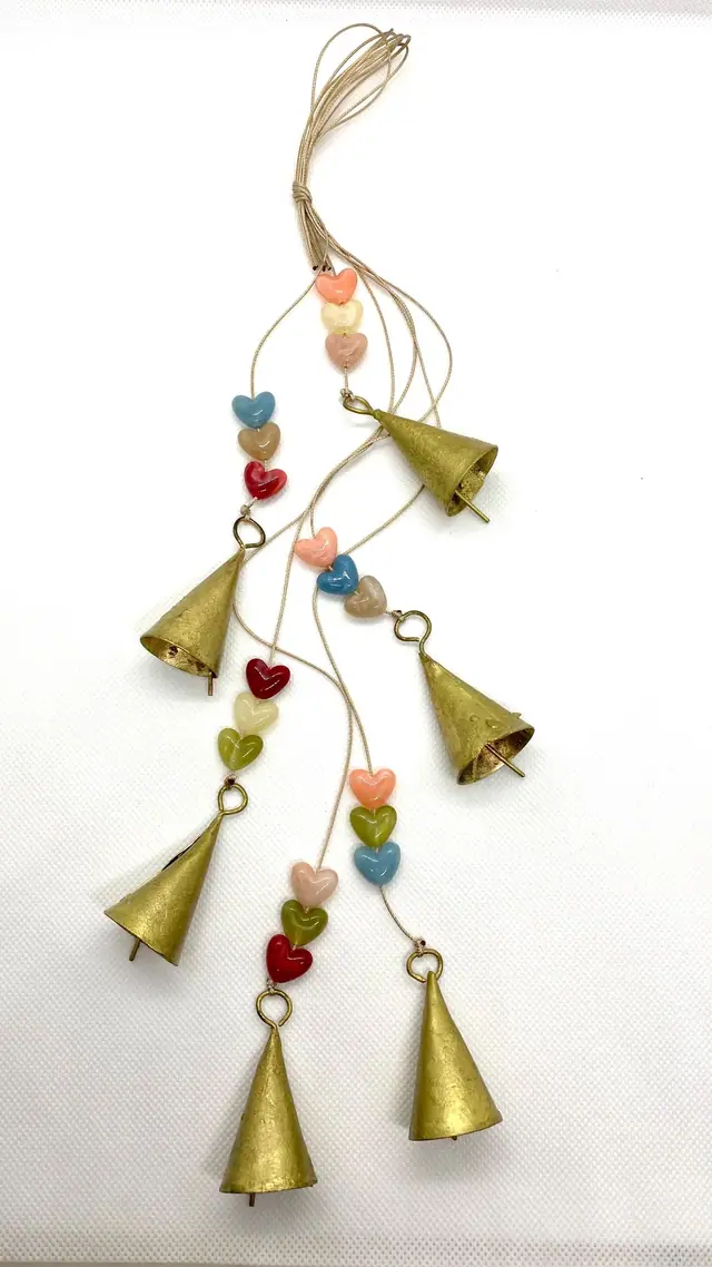 Delicate wind chimes with vintage bells and heart-shaped beads for home and garden. Decoration. Gift. Witch bell. Brass bell. Boho. (photo 3)
