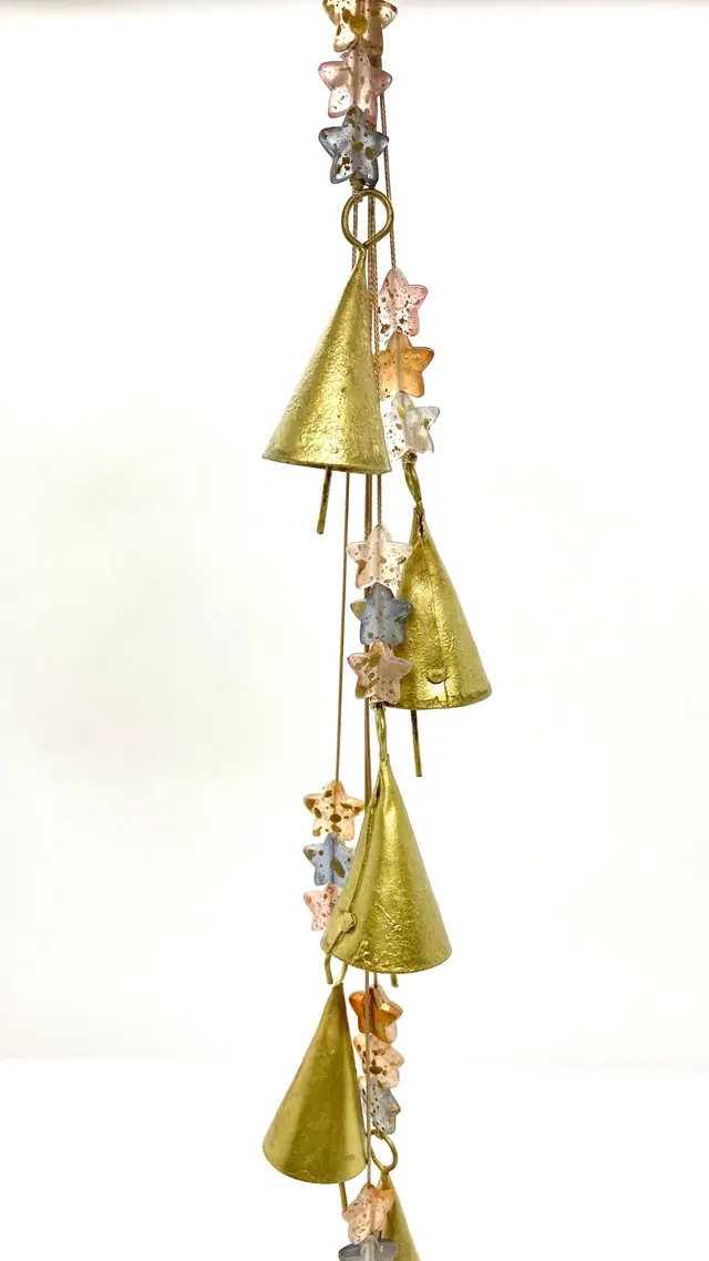 Delicate wind chimes with vintage bells and heart-shaped beads for home and garden. Decoration. Gift. Witch bell. Brass bell. Boho. (photo 2)