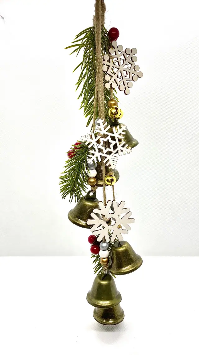 Festive wind chimes “Winterklang” for home decoration. Decoration for fireplace. Brass bell, cow bell. Rustic chimes. Christmas. (photo 2)