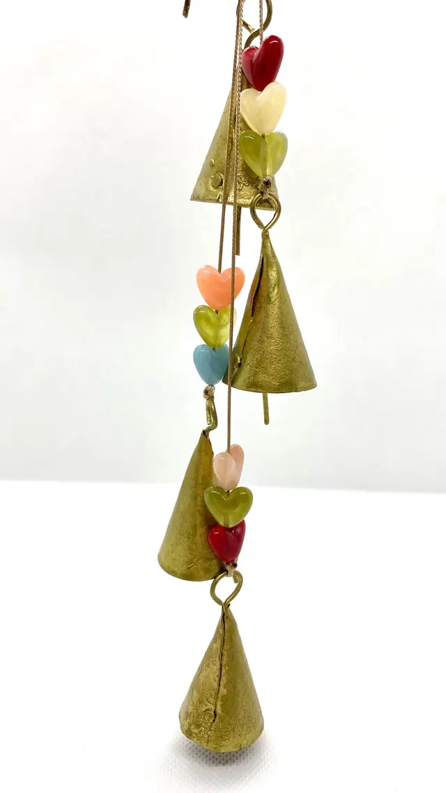 Delicate wind chimes with vintage bells and heart-shaped beads for home and garden. Decoration. Gift. Witch bell. Brass bell. Boho. (photo 2)