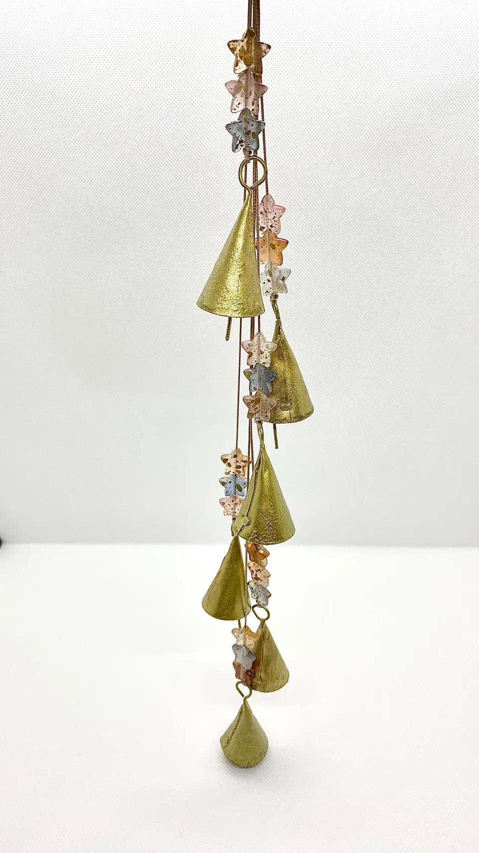 Delicate wind chimes with vintage bells and heart-shaped beads for home and garden. Decoration. Gift. Witch bell. Brass bell. Boho.