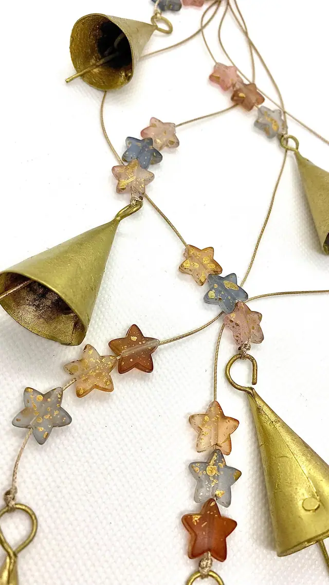 Delicate wind chimes with vintage bells and heart-shaped beads for home and garden. Decoration. Gift. Witch bell. Brass bell. Boho. (photo 4)