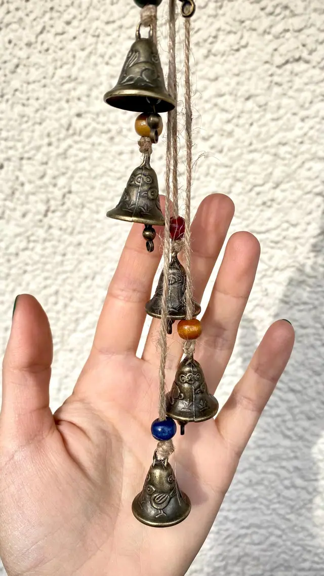 Mini glockenspiel with engraving bird rabbit lucky charm house protection vintage wind chime witch bell brass bell gift boho spiritual decor (photo 5)