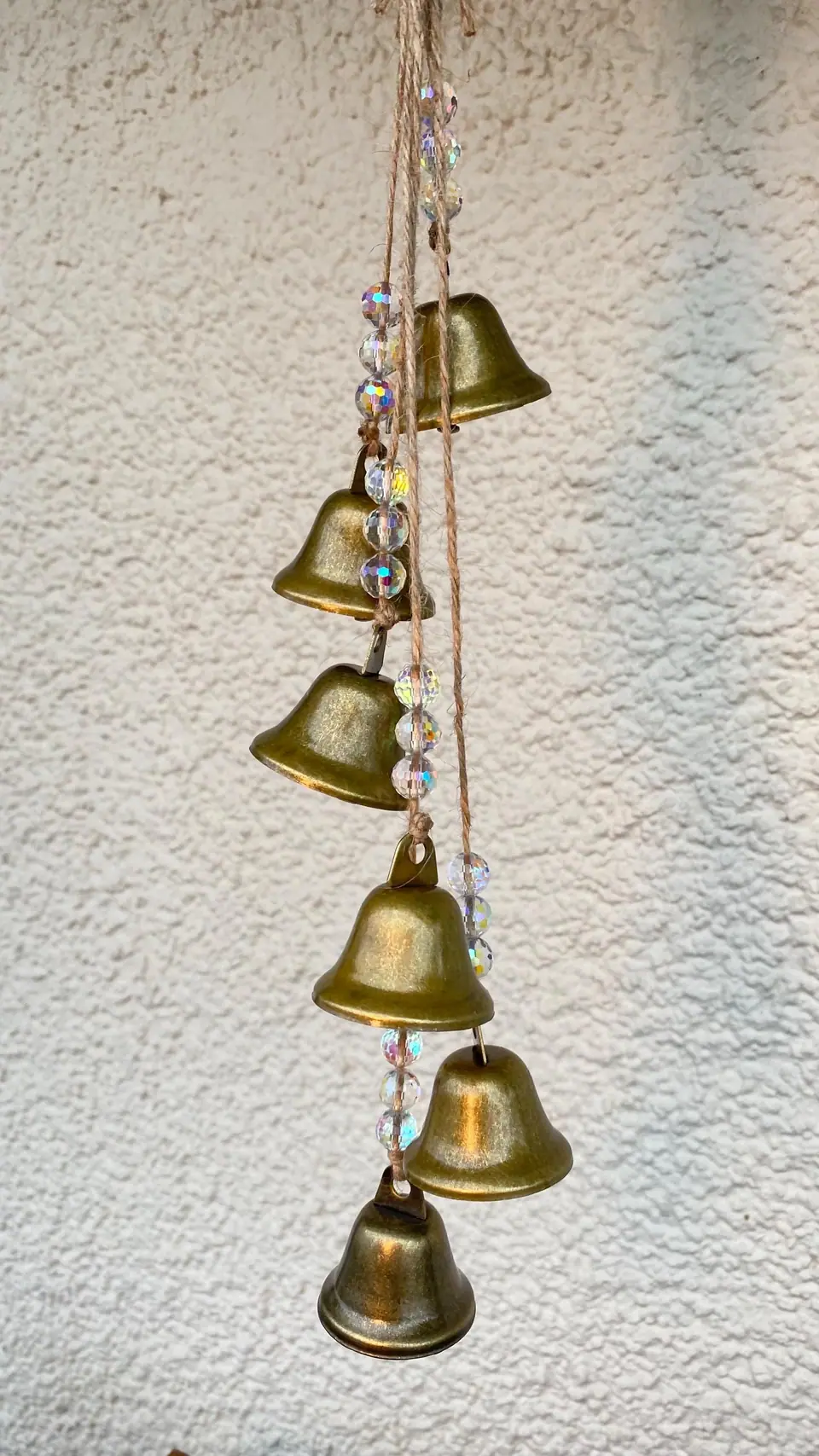 Sun catcher wind chime with galvanized glass beads. Decoration for home and garden. Brass bell. Vintage. Boho. Reflective beads. Witchy