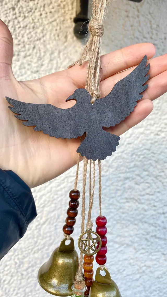 Wind chime with vintage bells and raven for home decoration. Power animal. Bell chime. Witch bell. Home protection. Rustic. Brass bell. Boho (photo 4)