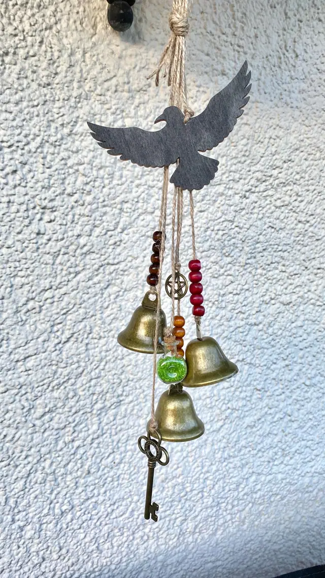 Wind chime with vintage bells and raven for home decoration. Power animal. Bell chime. Witch bell. Home protection. Rustic. Brass bell. Boho (photo 3)