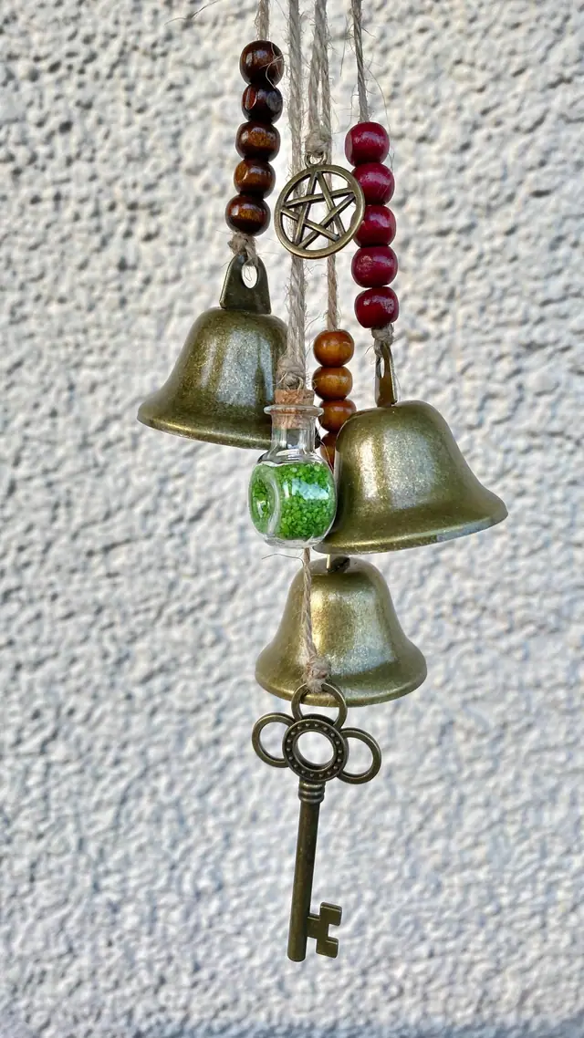 Wind chime with vintage bells and raven for home decoration. Power animal. Bell chime. Witch bell. Home protection. Rustic. Brass bell. Boho (photo 5)