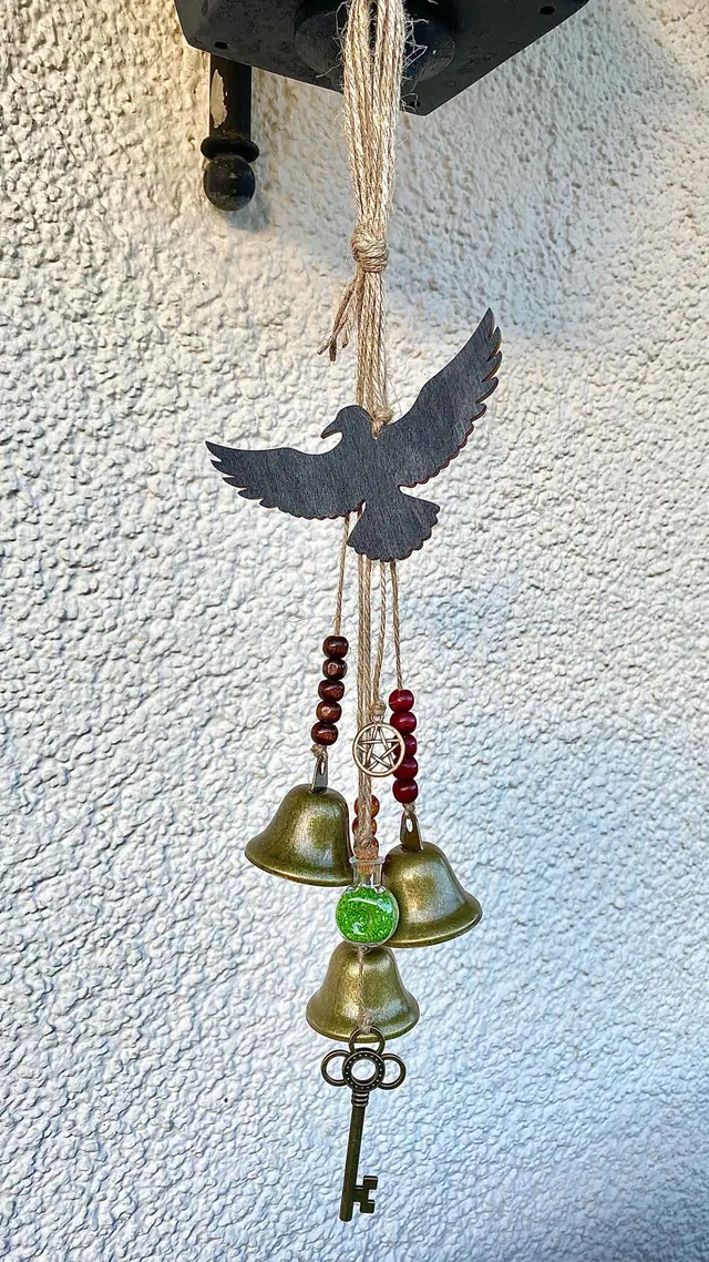 Wind chime with vintage bells and raven for home decoration. Power animal. Bell chime. Witch bell. Home protection. Rustic. Brass bell. Boho (photo 2)