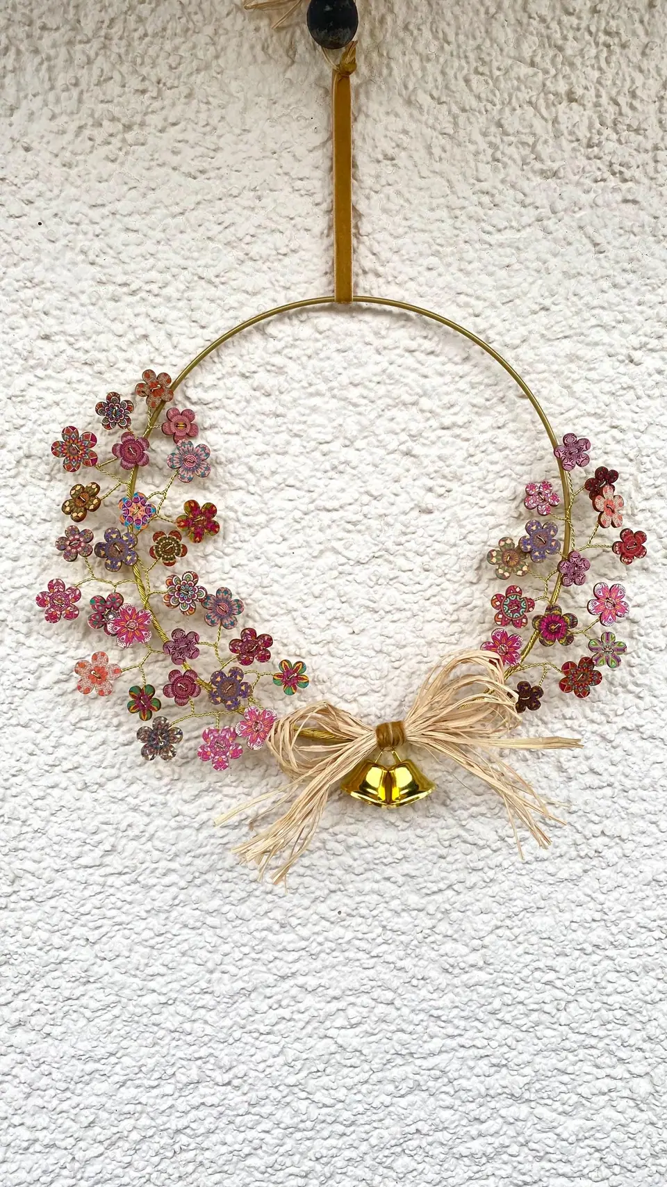 Wreath for doors and walls. Spring/summer wreath made of wire. Floral pattern. Mandala flower. Country style. Wire art. Boho. Home decor