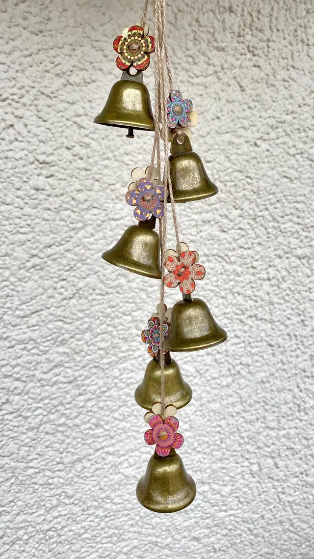 Wind chime made from Bavarian bells and mandala flowers as decoration. Witch bell. Vintage style. Brass bell. Shabby chic. Country style (photo 2)