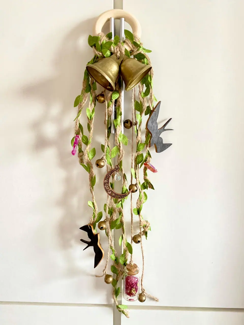 Door hanger “House Guardian” for home protection and decoration. Door handle decoration. Door decoration. Brass bell. Swallow motif. Bird