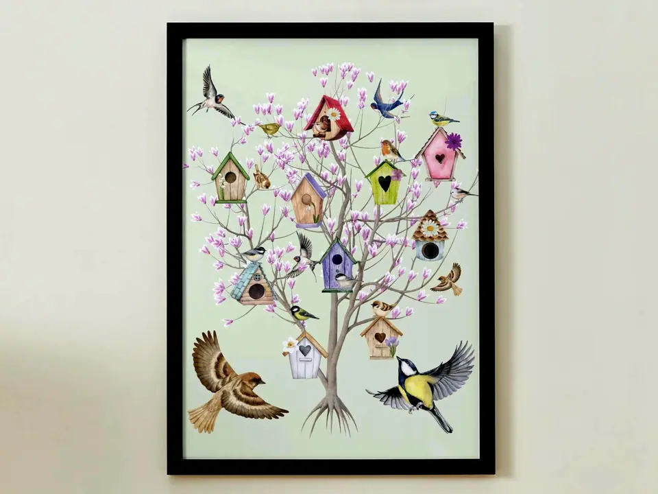 Puzzle “Spring Birdhouses” - 500 / 1000 / 2000 pieces | Magnolias & Tree | Family Puzzle | Gift Idea | Jigsaw for adults. Spring