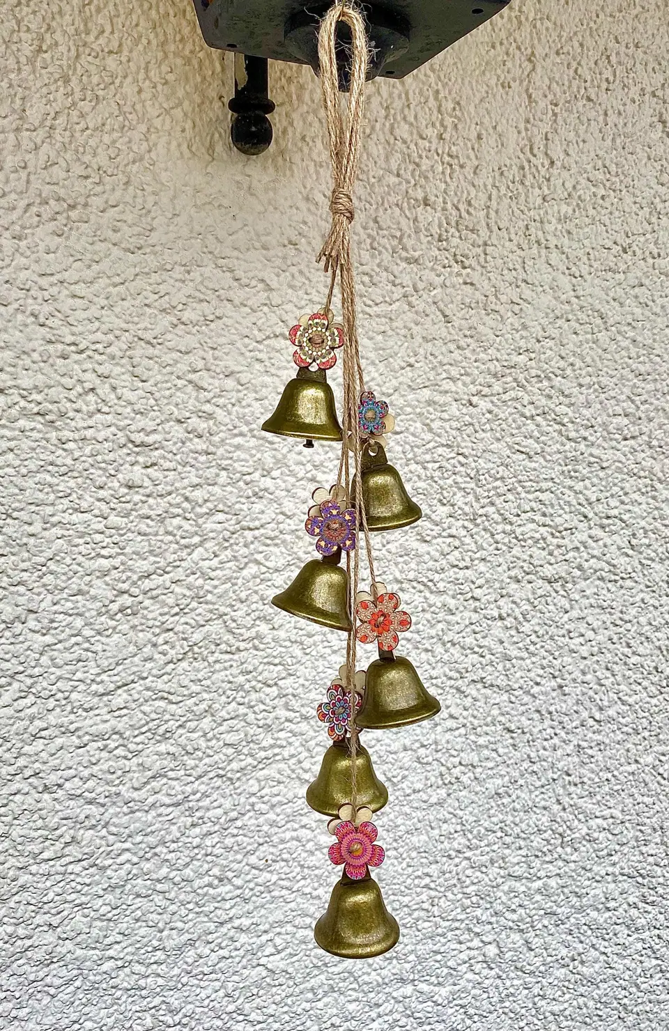 Wind chime made from Bavarian bells and mandala flowers as decoration. Witch bell. Vintage style. Brass bell. Shabby chic. Country style