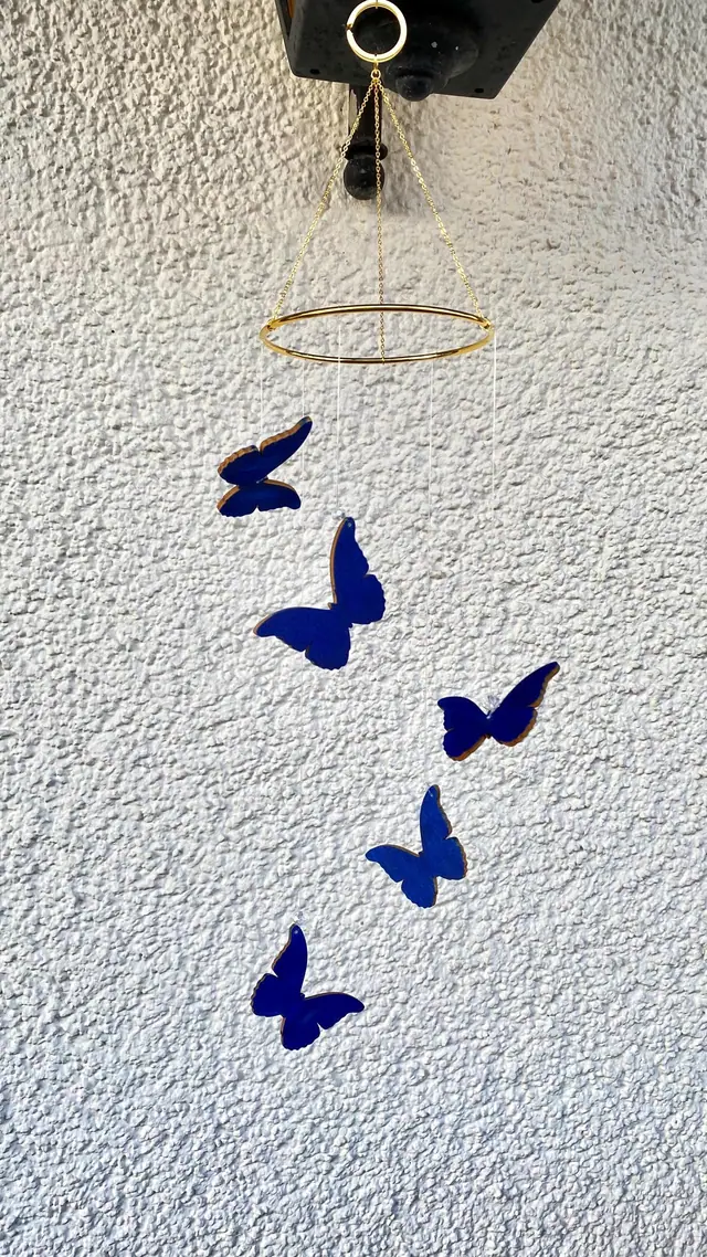 Butterfly wind chime. Wooden mobile in blue. Decoration for your home, balcony, and garden. Window decoration. Butterfly mobile. Butterflies (photo 2)