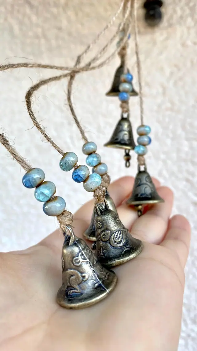 Mini glockenspiel with engraving bird rabbit lucky charm house protection vintage wind chime witch bell brass bell gift boho spiritual decor (photo 8)