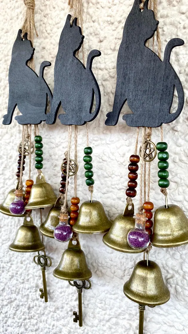 Wind chime “Animal - Black Cat” as home decoration. Chimes. Vintage bells. Witch bell. Home protection. Wicca. Magic. Keys. Boho Door hanger (photo 4)