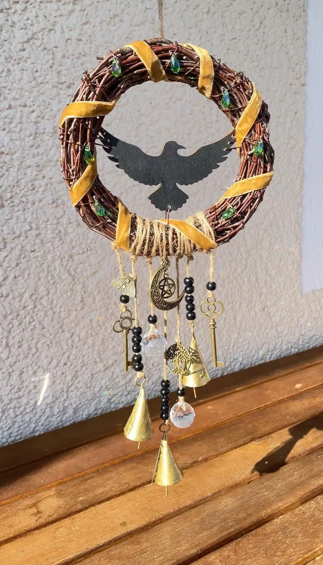 Witchy wreath “Source of Magic” made of birch for home, door, and wall decoration. Wooden wreath. Witch's bell. Home protection. Door decor. (photo 9)