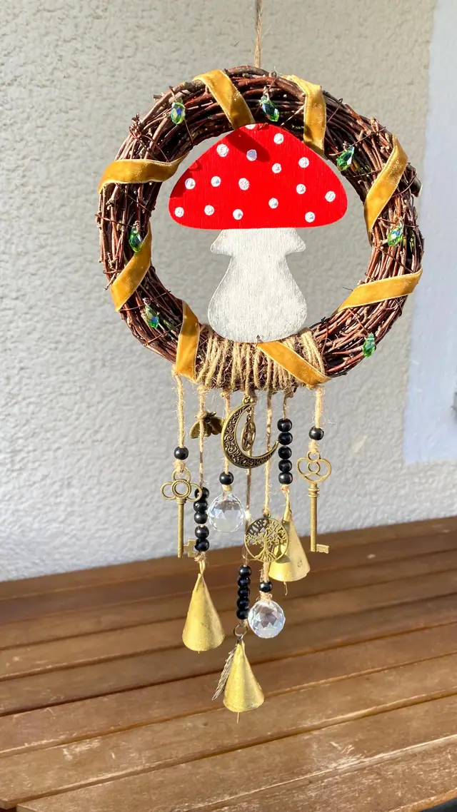 Witchy wreath “Source of Magic” made of birch for home, door, and wall decoration. Wooden wreath. Witch's bell. Home protection. Door decor. (photo 8)