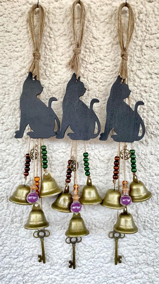 Wind chime “Animal - Black Cat” as home decoration. Chimes. Vintage bells. Witch bell. Home protection. Wicca. Magic. Keys. Boho Door hanger (photo 2)