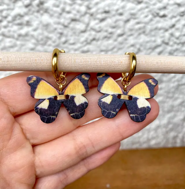 Butterfly Earrings Yellow Black – Boho Hoop Earrings Wood & Gold – Statement Jewelry Handmade – Witchy Accessory – Gift Idea for Her. (photo 3)