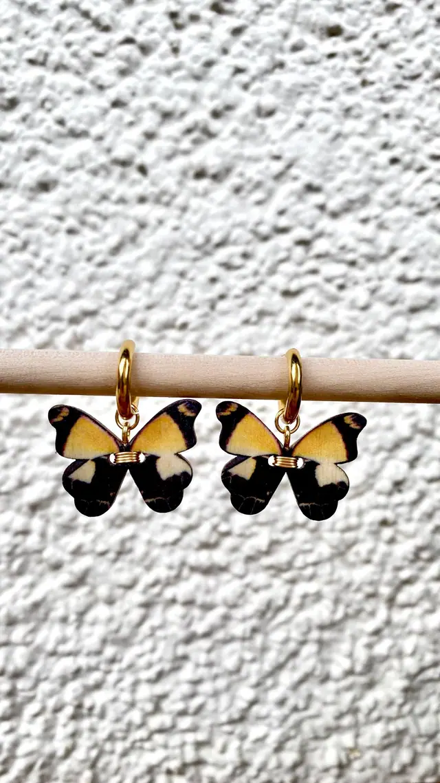 Butterfly Earrings Yellow Black – Boho Hoop Earrings Wood & Gold – Statement Jewelry Handmade – Witchy Accessory – Gift Idea for Her. (photo 2)
