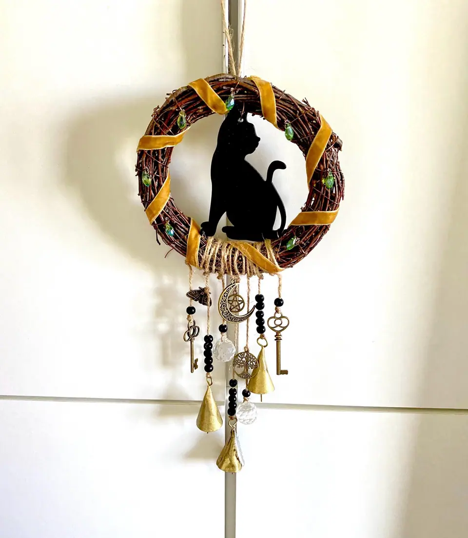 Witchy wreath “Source of Magic” made of birch for home, door, and wall decoration. Wooden wreath. Witch's bell. Home protection. Door decor.