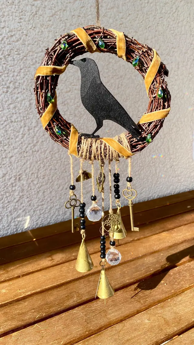 Witchy wreath “Source of Magic” made of birch for home, door, and wall decoration. Wooden wreath. Witch's bell. Home protection. Door decor. (photo 7)