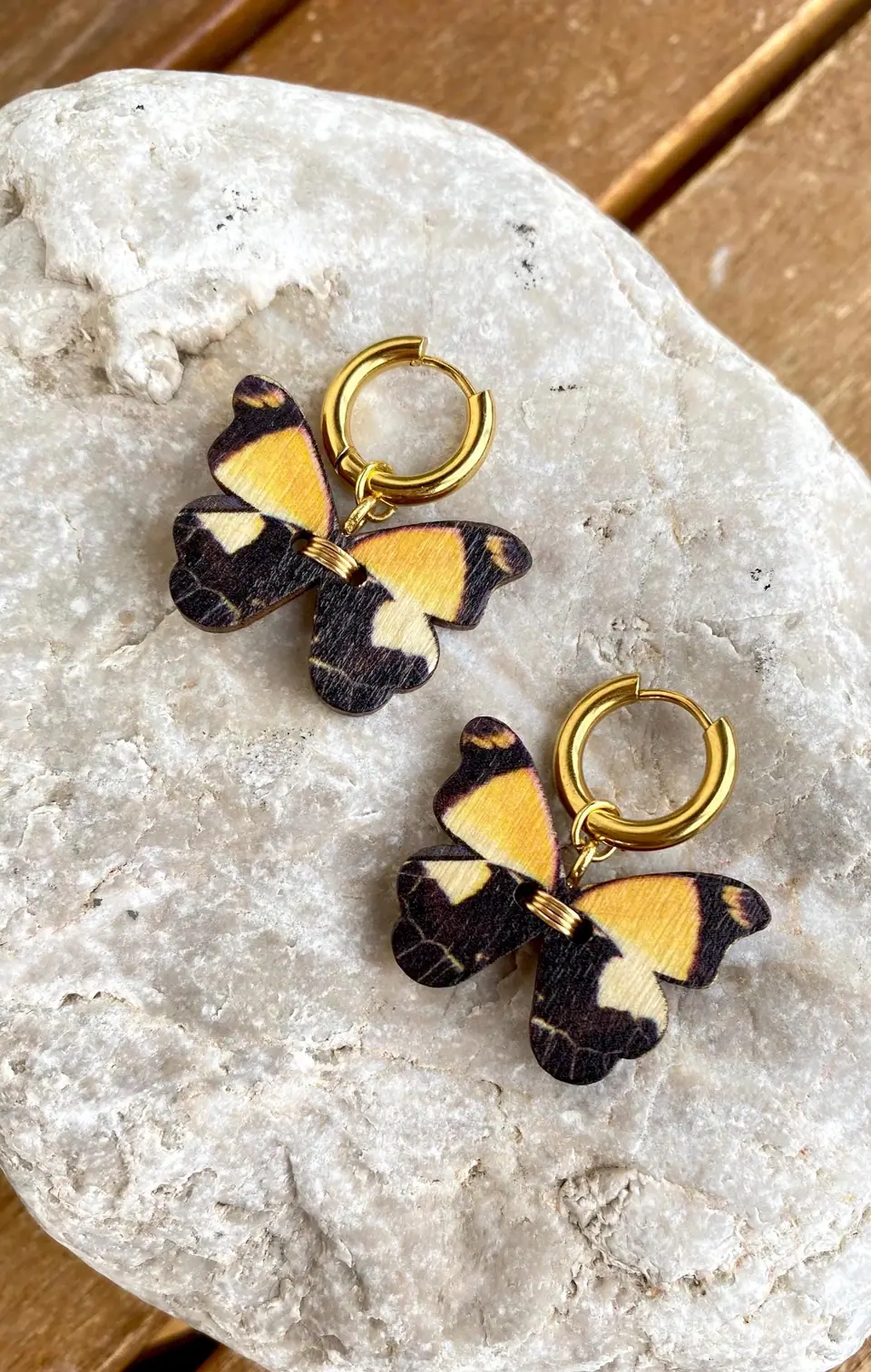Butterfly Earrings Yellow Black – Boho Hoop Earrings Wood & Gold – Statement Jewelry Handmade – Witchy Accessory – Gift Idea for Her.