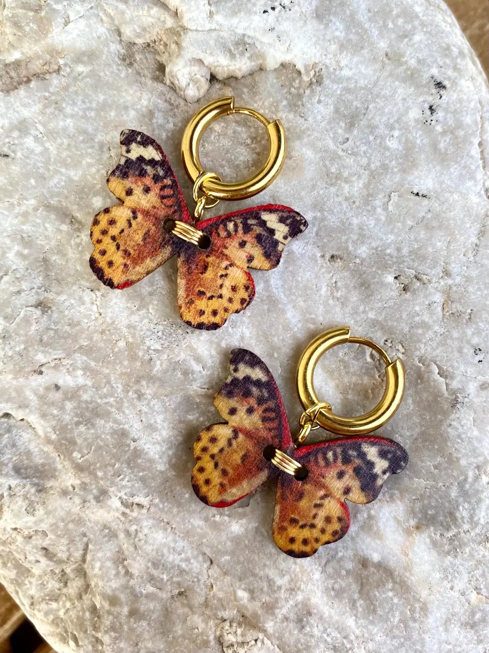 Gold hoop earrings with butterfly pendants – Boho earrings Light & playful Summer jewelry Statement earrings Handmade 18K gold-plated