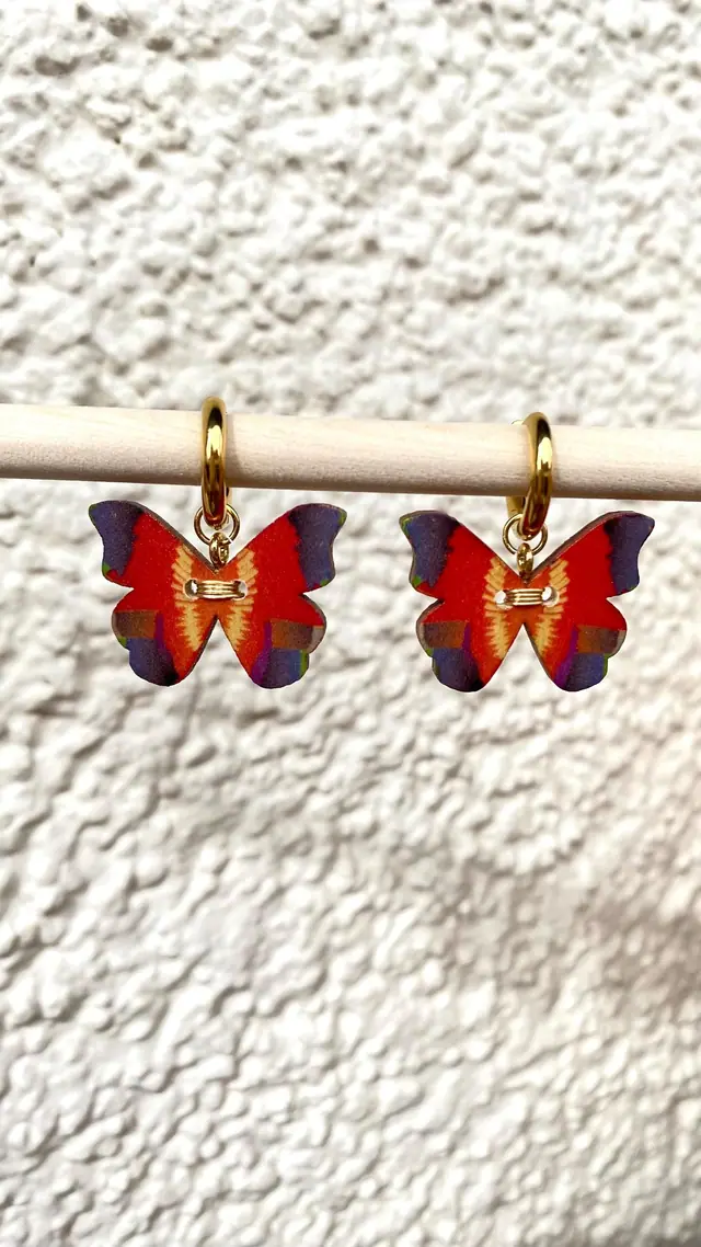 Gold-plated earrings in orange purple. 18K gold-plated. Boho hoop earrings, wood, gold. Statement jewelry. Handmade. Witchy accessory. Gift (photo 3)