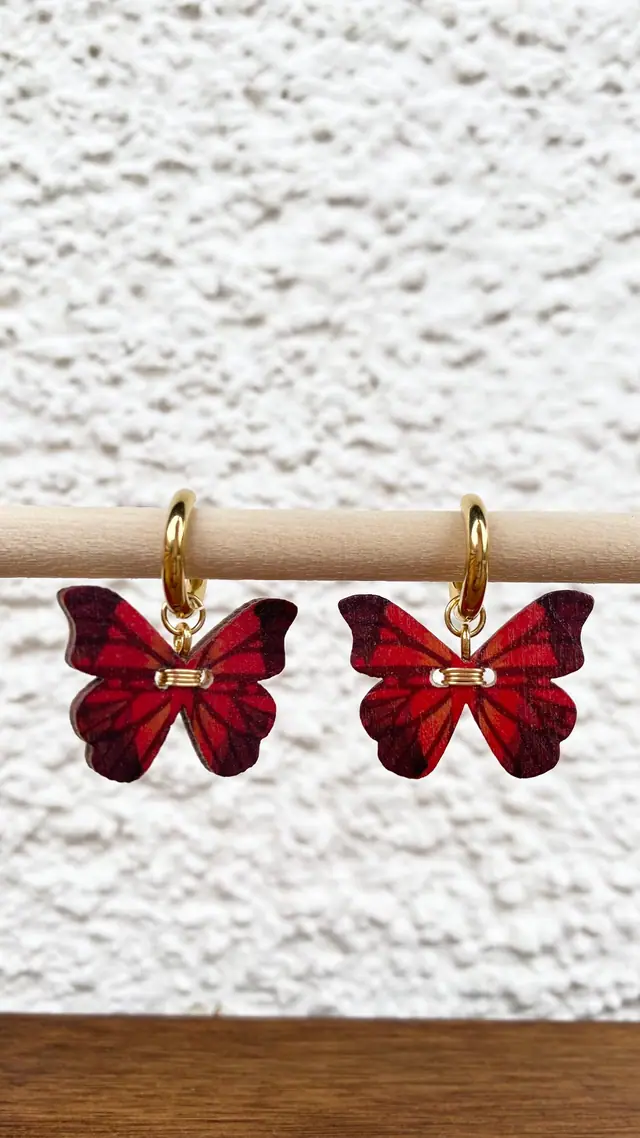 Earrings with butterfly pendants. 18K gold-plated. Boho hoop earrings made of wood and gold. Statement jewelry. Witchy accessory. Gift idea (photo 3)