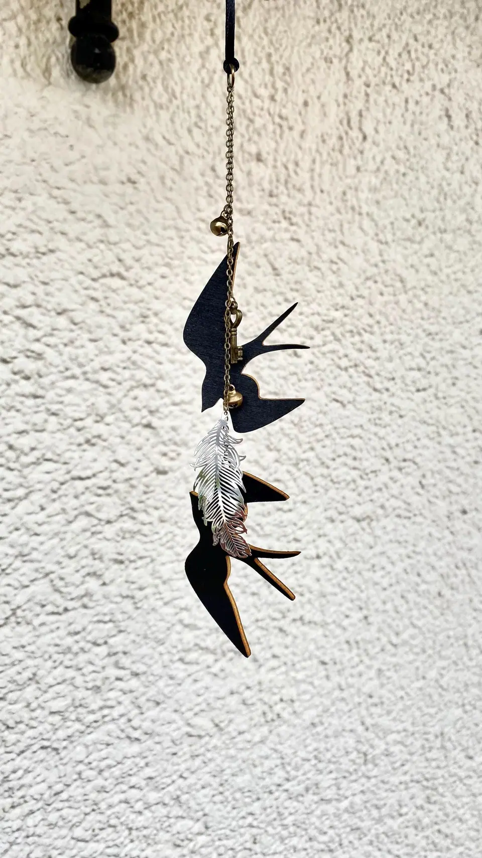 Car trailer rearview mirror – Swallow trailer with bell & key. Vintage car decoration. Witch carriage decoration. Witch car charm. Bird