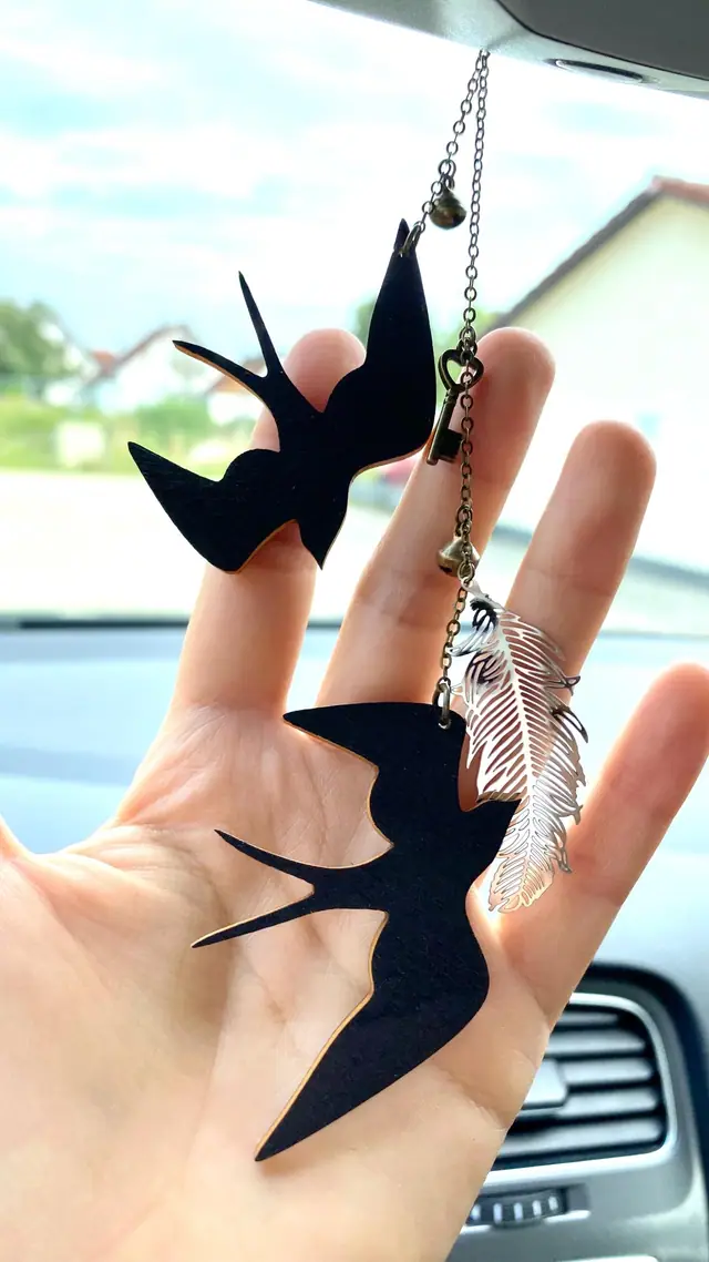 Car trailer rearview mirror – Swallow trailer with bell & key. Vintage car decoration. Witch carriage decoration. Witch car charm. Bird (photo 4)