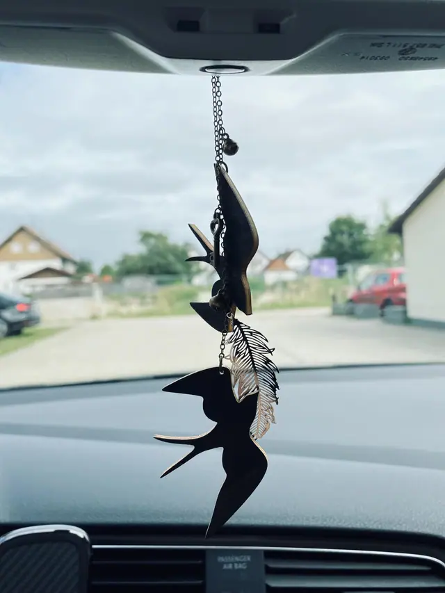 Car trailer rearview mirror – Swallow trailer with bell & key. Vintage car decoration. Witch carriage decoration. Witch car charm. Bird (photo 3)