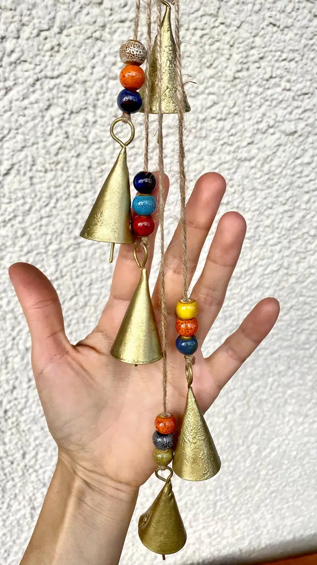 Wind chime made from vintage bells and colorful ceramic beads for home and garden decoration. Chime with witch bell. Cowbell Boho decoration (photo 4)
