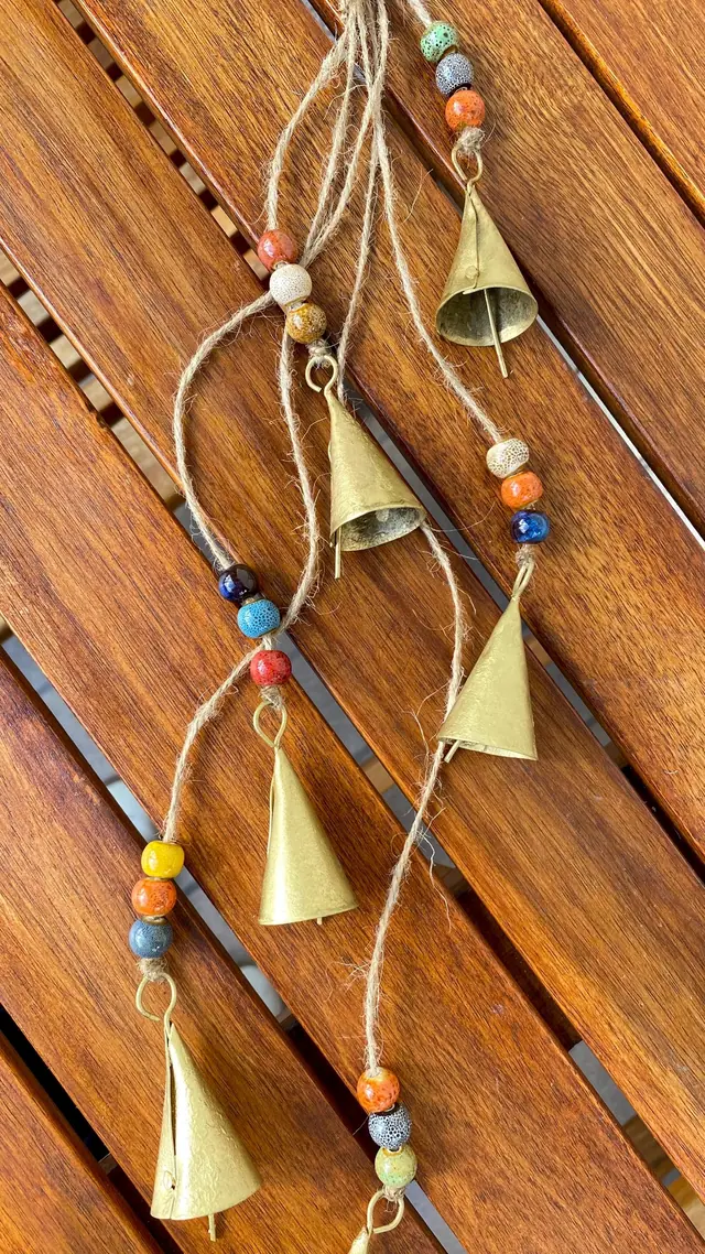 Wind chime made from vintage bells and colorful ceramic beads for home and garden decoration. Chime with witch bell. Cowbell Boho decoration (photo 5)