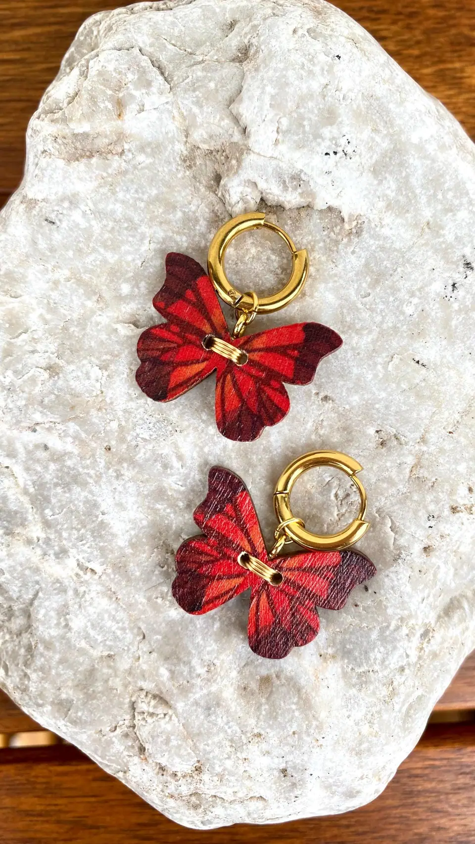 Earrings with butterfly pendants. 18K gold-plated. Boho hoop earrings made of wood and gold. Statement jewelry. Witchy accessory. Gift idea