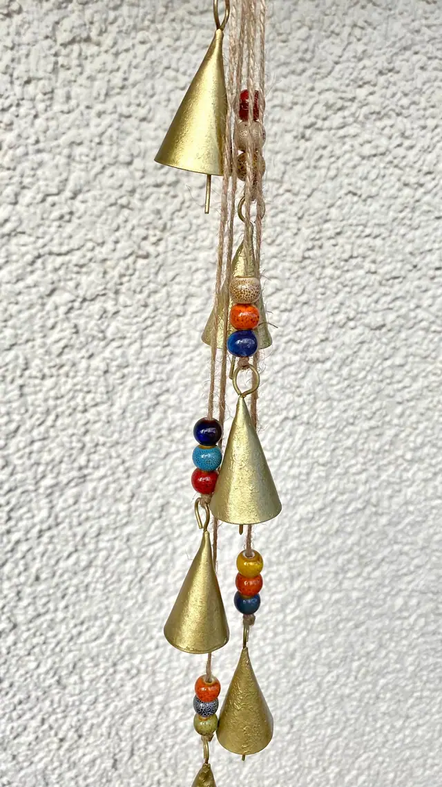 Wind chime made from vintage bells and colorful ceramic beads for home and garden decoration. Chime with witch bell. Cowbell Boho decoration (photo 3)