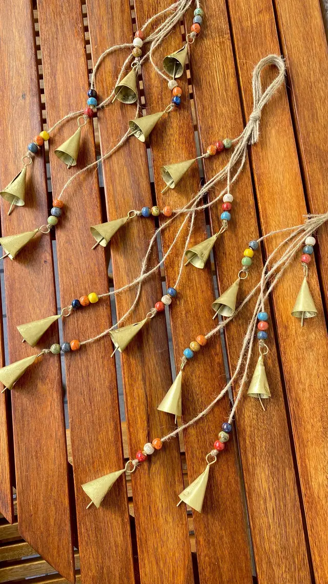 Wind chime made from vintage bells and colorful ceramic beads for home and garden decoration. Chime with witch bell. Cowbell Boho decoration (photo 6)