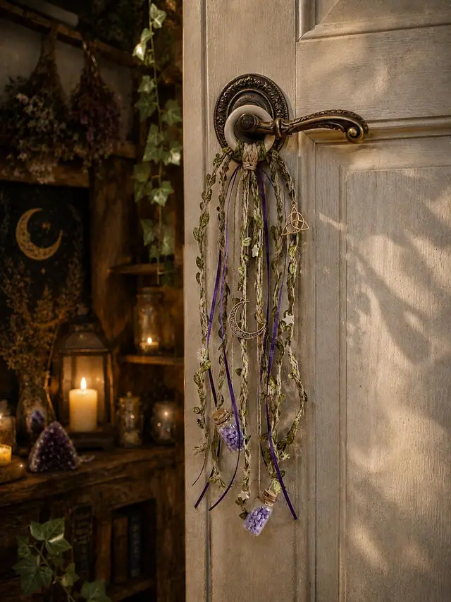 Halloween Türanhänger für Hausschutz und Dekoration. Magischer Türschmuck mit  Mondmotiv und Glasflaschen. Hexenglocken. Kunstblätter. Boho (Foto 2)