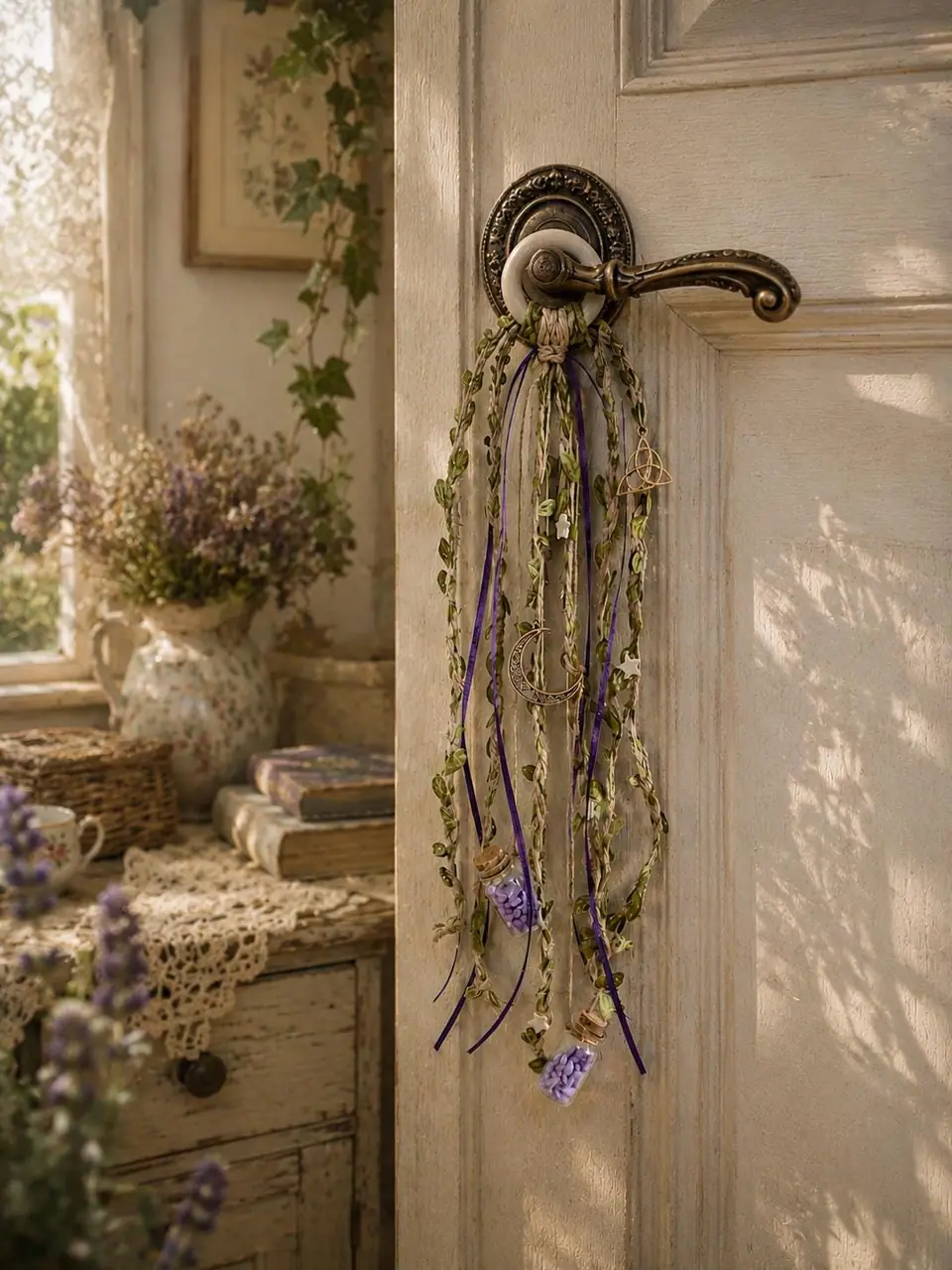 Halloween Türanhänger für Hausschutz und Dekoration. Magischer Türschmuck mit  Mondmotiv und Glasflaschen. Hexenglocken. Kunstblätter. Boho