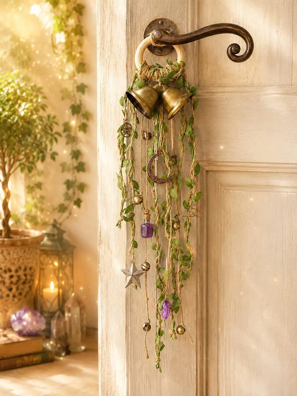 Door hangers for home protection and decoration. Door decorations. Witch bells. Witchy decorations. Door handle decorations. Brass bells.
