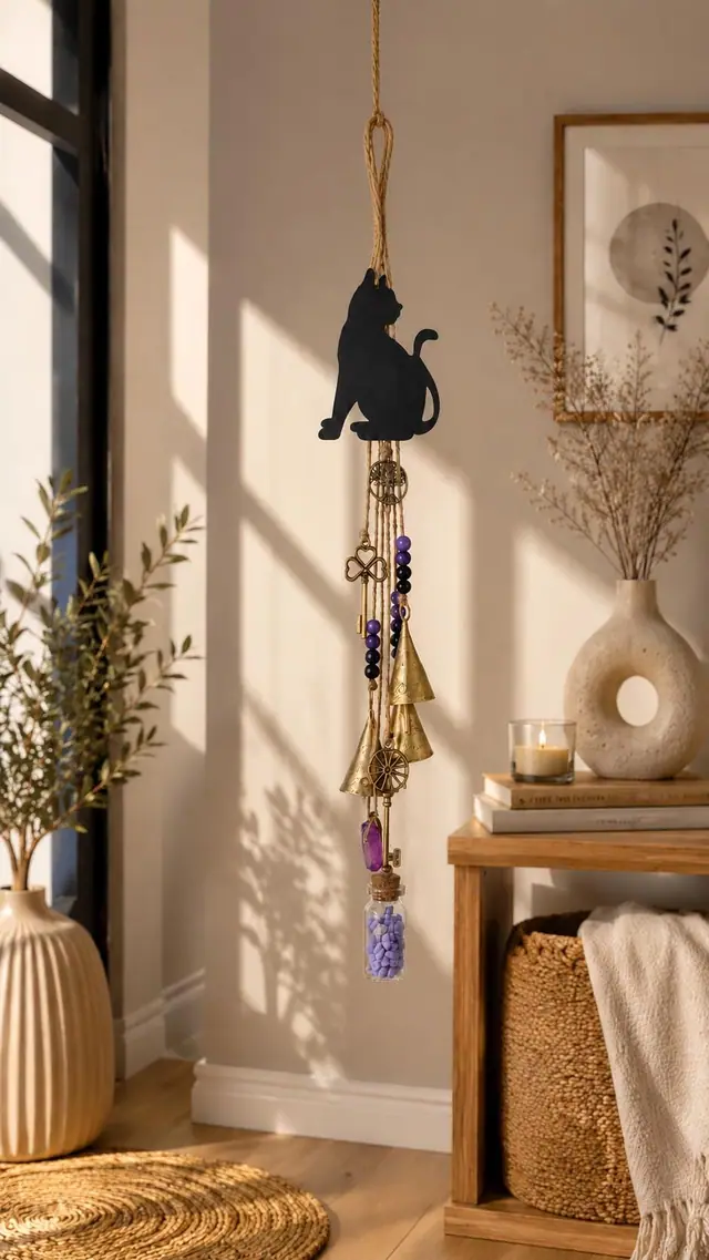 Könnte beinhalten: Eine hängende Wanddekoration mit einer schwarzen Katzensilhouette an der Oberseite, befestigt an einem Juteseil. Das Stück enthält hängende Elemente wie violette Perlen, messingfarbene Glocken, einen Metallschlüssel, einen Kristall und ein Glasfläschchen.