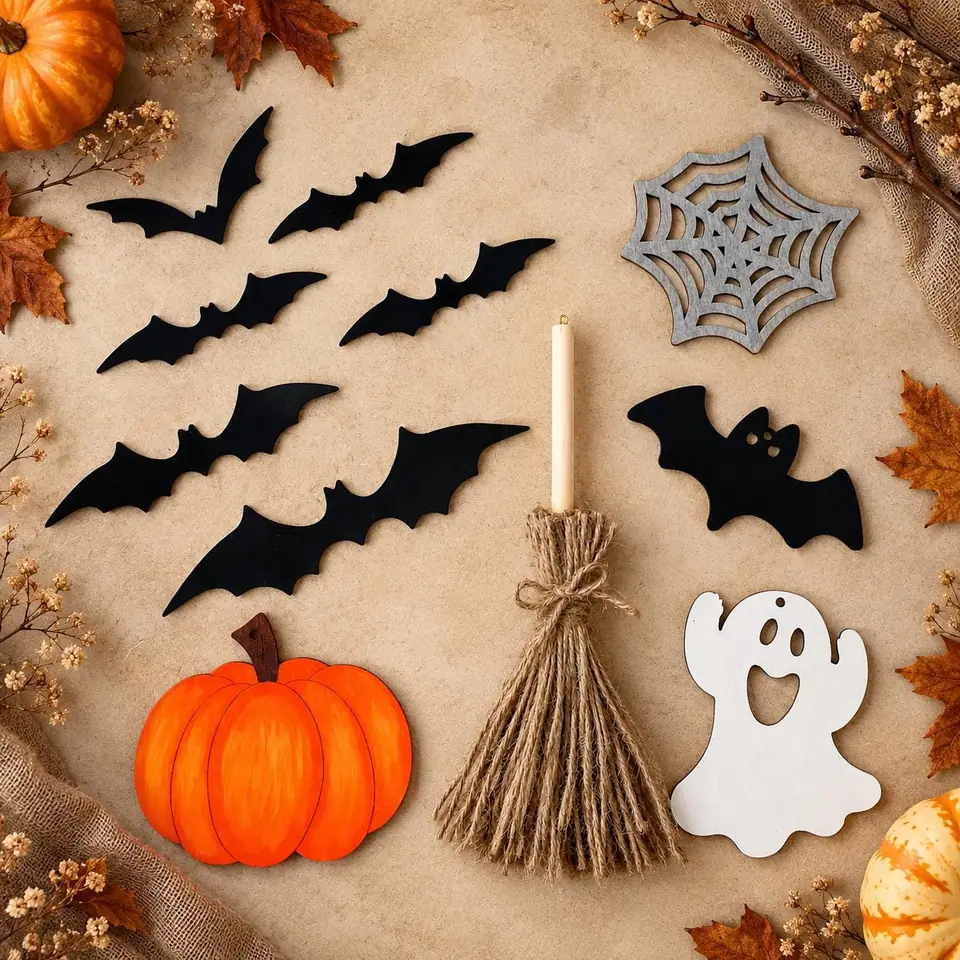 Halloween Deko Set zum Aufhängen. Herbst und Party Deko. Besen. Kürbis. Fledermaus. Geist. Handgemalte Holzdekoration. Spooky. Witchy Deko.