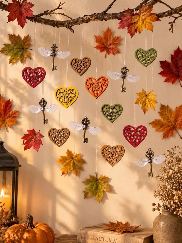 Herbst Deko Set zum Aufhängen. Herbstliche Dekoration fürs Zuhause. Herzen. Messingschlüssel. Herbstblätter. Magische Anhänger. Boho (Foto 11)