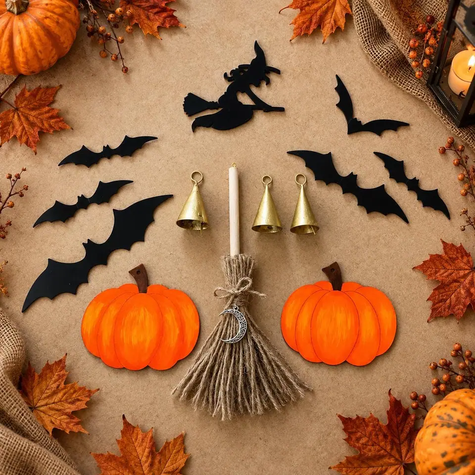 Halloween Set zum Aufhängen. Hexe. Kürbis. Besen. Fledermaus. Türdekoration. Herbstdeko. Holzkunst. Witchy. Gruselige Deko. Messingglocken