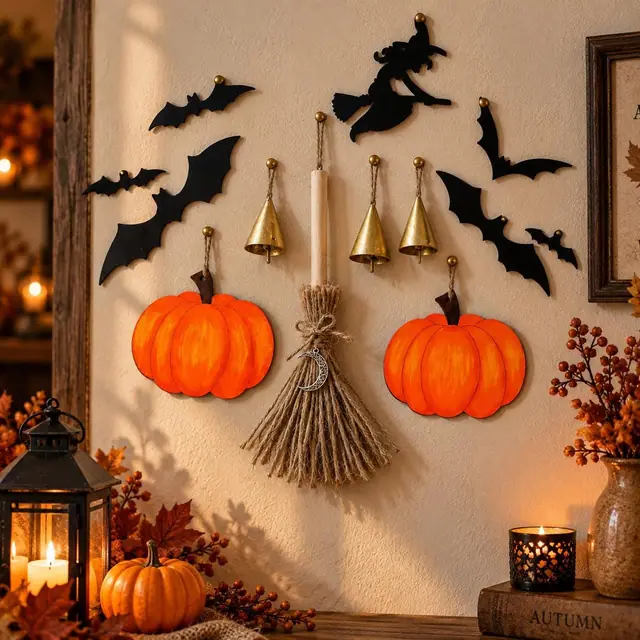 Halloween Set zum Aufhängen. Hexe. Kürbis. Besen. Fledermaus. Türdekoration. Herbstdeko. Holzkunst. Witchy. Gruselige Deko. Messingglocken (Foto 3)